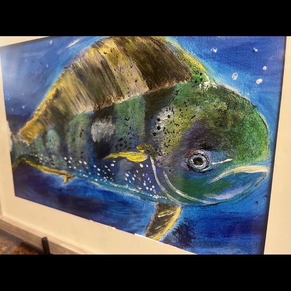 Framed Fish Art Print - Blue and Green mahi mahi dorado oil on canvas arts and - Picture 4 of 7